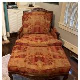 Ethan AllenCarved Wood Armchair with Ottoman Featu