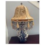 Blue and White Ceramic Lamp with Embellished Shade
