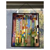 Colorful Stained Glass Panel with Abstract Geometr
