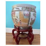 Chinese Porcelain Fish Bowl on Wooden Stand with F