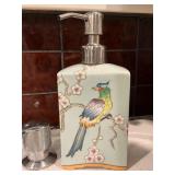 Porcelain Soap Dispenser with Bird and Floral Moti