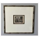 Framed Black and White Engraving Depicting an Inte