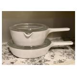Two Corning Ware P-82-B Saucepans with Glass Lids
