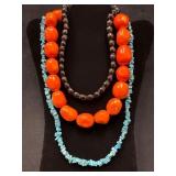 Three Necklaces Featuring Coral, Turquoise, and Bl