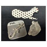Three Animal Brooches Including Zebra, Lizard, and