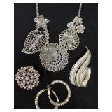 Silver-Tone Necklace, Earrings, and Brooch Set wit