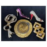 Five Assorted Brooches Featuring Shoes, Hat, and B