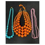Three Vintage Beaded Necklaces in Orange, Blue, an