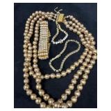 Three Rhinestone Bracelets and Vintage Faux Pearl