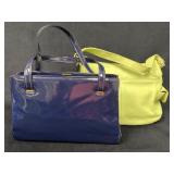 Two Handbags: Green Leather by Sonoma and Navy Pat