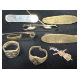 Sterling Silver Lot with Collar Pins, Rings, and E