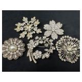 Five Vintage Rhinestone Brooches in Floral and Cir