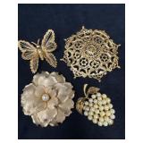 Four Vintage Gold-Tone Brooches with Floral and Bu