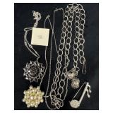 Silver-Tone Jewelry Lot with Chain Belt, Brooches,