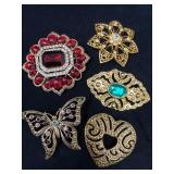 Five Vintage Gold-Tone Brooches with Gemstones