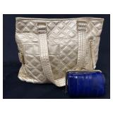 Gold Vegan Leather Quilted Handbag and Blue Leathe