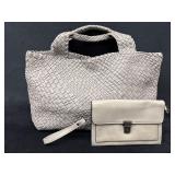 Two Dove Grey Handbags: Woven Large Unmarked Leath