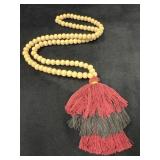 Wood and Tassel Beaded Necklace, 34 Inches Long
