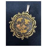 Vintage Damascene Pendant with Filigree Frame and