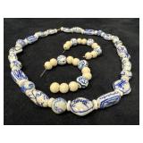Blue and White Necklace and Earrings Set with Chin