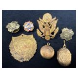 Four Lapel Pins and Three Pendants, Including Lock