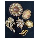 Six Vintage Brooches Featuring Mixed Materials and