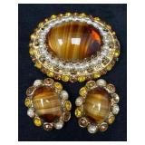 Vintage Brooch and Earrings Set with Amber-Colored