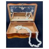 Wood Jewelry Box with Mirror and Vintage Pearl But