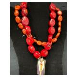 Two Chunky Stone Bead Necklaces, One With Pendant