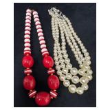 Two Vintage Necklaces: Red and White Beads, Faux P