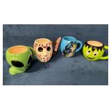 Four Themed Ceramic Mugs: Alien, Jason Mask, Wonde
