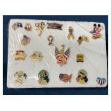 18 Various Themed Stickpins on Display Board