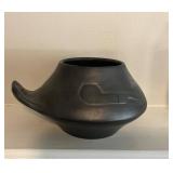 Black Pottery Bowl with Handle and Engraved Design