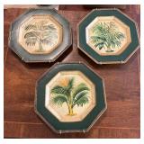 Three Octagonal Botanical Wall Plates with Green T
