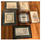 Six Framed Needlepoints on Various Topics