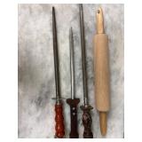 Three Honing Steels and a Wooden Rolling Pin