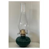 Green Glass Oil Lamp with Brass Burner and Chimney