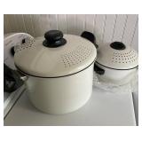 Two White Cooking Pots with Strainer Lids and Hand
