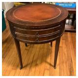 Round Wooden Side Table With Leather Inlay and Two