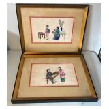 Framed Chinese Pith Paper Paintings Depicting Cour