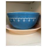 Pyrex Blue Snowflake Bowl and Pink Fire-King Plate