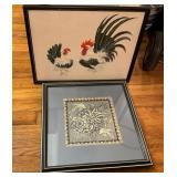 Framed Needlework Pictures Featuring Roosters and