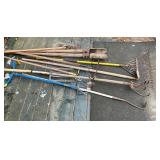 Miscellaneous Yard Tools Including Rakes, Hoes, an