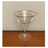 5 Crystal Glasses with Etched Design and Silver Ri