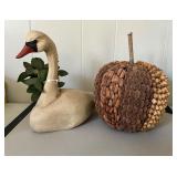 Hand-Carved Wooden Swan and Decorative Pumpkin Mad