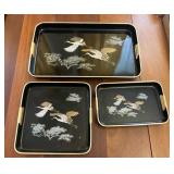 Three Black Lacquered Trays with Crane Motif