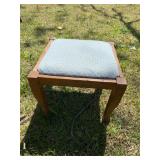 Wooden Stool With Light Blue Upholstered Seat