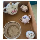 Arthur Wood Teapot, Porcelain Miniatures, and Glas