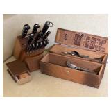 Knife Block Set, Wooden Match Holder, and Flatware