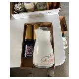 Box Lot Including Ceramic Pitcher, Gold Tumblers,